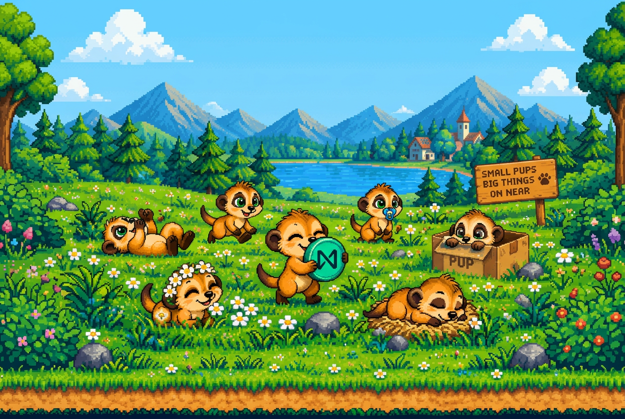 A pixel-art meadow with baby PUPs exploring near a lake, including one holding a NEAR coin, one sleeping, and one resting in a cardboard box